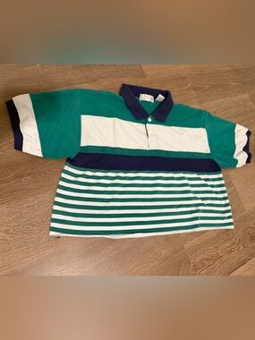 Van Heusen Green, White & Navy Striped Crop Polo vintage